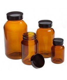 Frasco de 30 ml en vidrio ámbar con boca ancha y tapa de rosca de baquelita. Ideal para muestras sensibles a la luz.