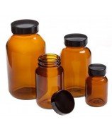 Frasco Merck o bote de boca ancha en vidrio ámbar de 250 ml de capacidad y con tapa negra roscada de baquelita