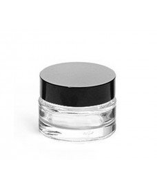 Bote cilíndrico de vidrio transparente de 15 ml con tapa de rosca de baquelita negra. Disponible en varias capacidades.