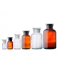Glass Bottles with wide mouth and frosted glass stopper in different sizes.
