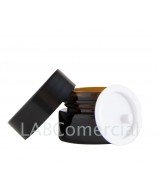 Pot de 5 ml en verre jaune avec bouchon à vis noire et disque de protection blanc.