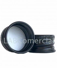 Tapa de aluminio de color negro con disco interior de polietileno expandido para frasco de rosca DIN 18. 