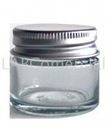 Pot en verre transparent de 15 ml et bouchon à vis en aluminium de couleur argentée