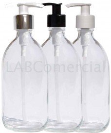 Frasco transparente de rosca PP28 y bomba dosificadora blanca y plata, 500 ml