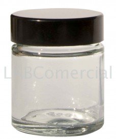 Bote de vidrio transparente de 30 ml, con tapa de rosca de baquelita negra. Disponible en ámbar y en varias capacidades.