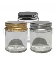 Bote de vidrio transparente de 60ml y tapa de aluminio de rosca
