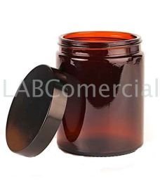 Bote de vidrio ámbar de 180 ml con tapa de rosca de baquelita negra. Disponible en otras capacidades
