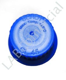 Blue GL45 screw cap top with red locking ring and inner skirt.