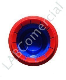 Inside view of blue GL45 screw cap with red safety ring and inner skirt.