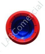 Vista del interior de la tapa rosca GL45 azul con anillo de seguridad rojo y faldón interior.