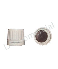 White cap with teflon inner disc, standard DIN18 screw-on and  tamper evident seal.