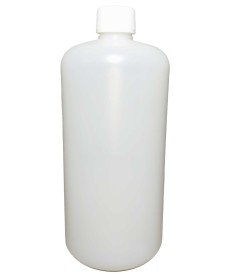Empty plastic bottle, 1 litre capacity, and white PP28 screw cap with tamper-evident seal.